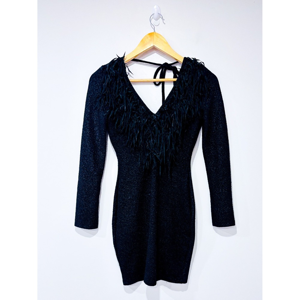 FLAMINGO Black fringe mini dress | Open back party glam | Small